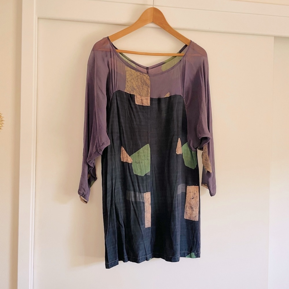 OSEI DURO Handmade Patchwork Silk Dress Purple Black Artsy Kaftan Midi Medium‎